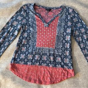 Lucky Brand Blue and Red Patterned Long Sleeve Top